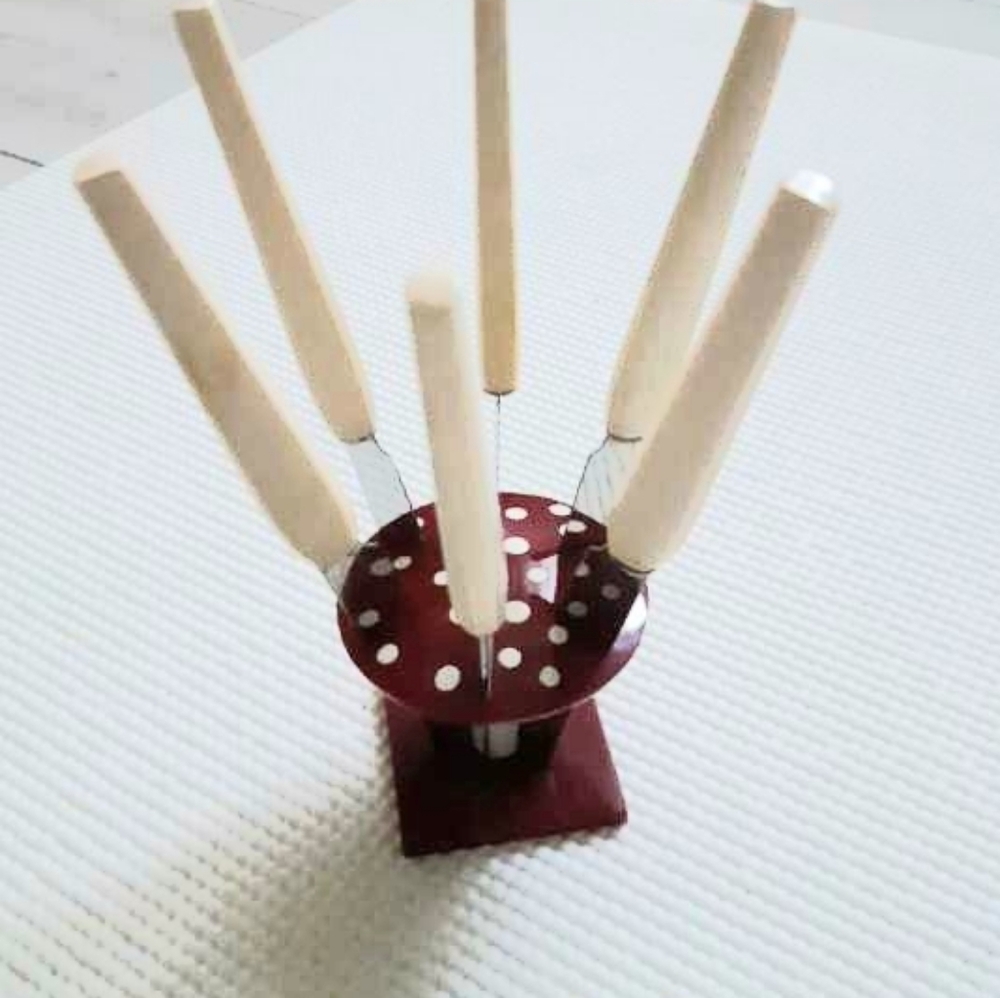 Vintage Mushroom Fruit Knives Holder Set, Germany, Early Plastic, Rare, Mint